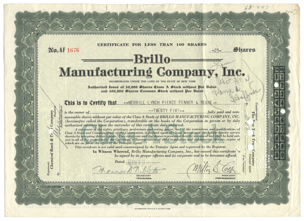Stock certificate from Brillo Manufacturing Company, Inc.