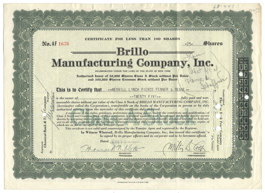Stock certificate from Brillo Manufacturing Company, Inc.