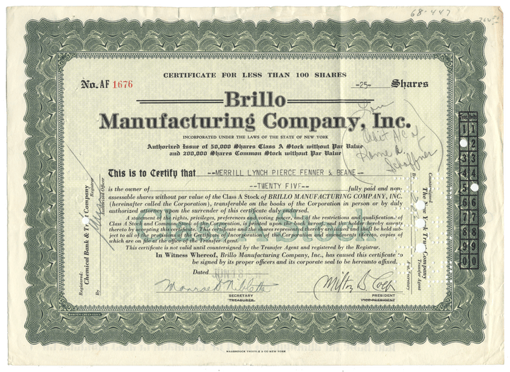 Stock certificate from Brillo Manufacturing Company, Inc.