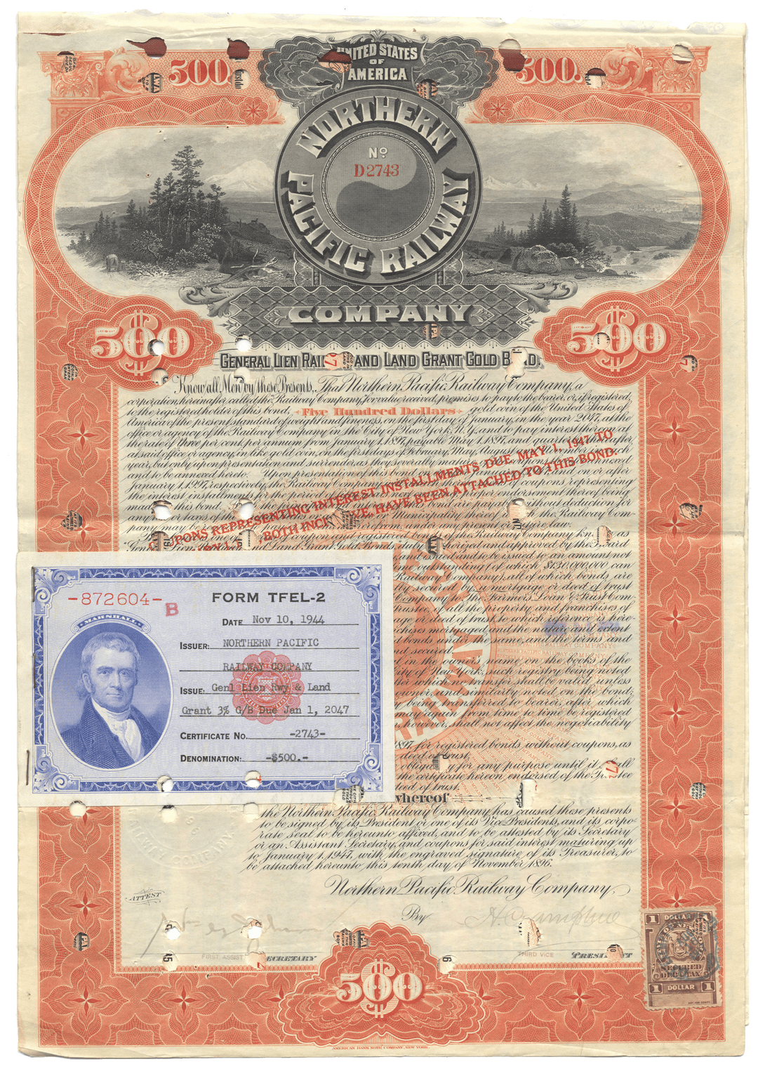 Vintage bond certificate from the Northern Pacific Railway Company