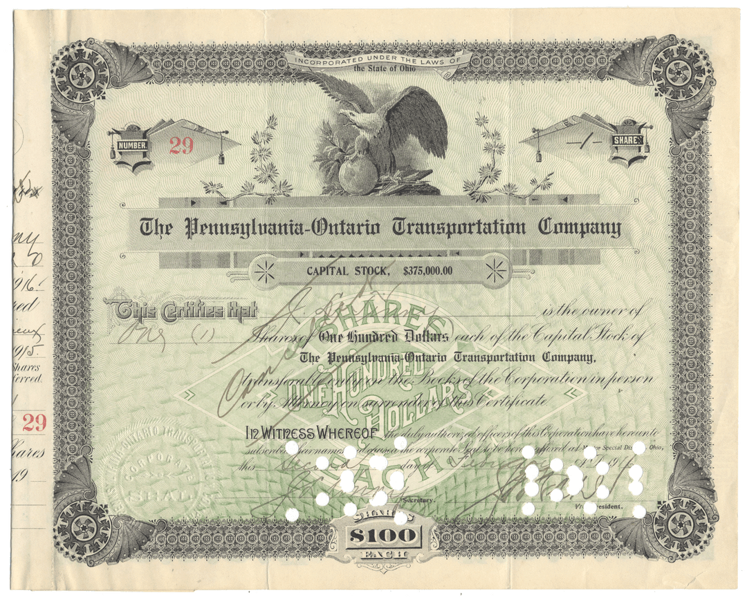 Vintage stock certificate for the Pennsylvania-Ontario Transportation Company with decorative elements from 1916