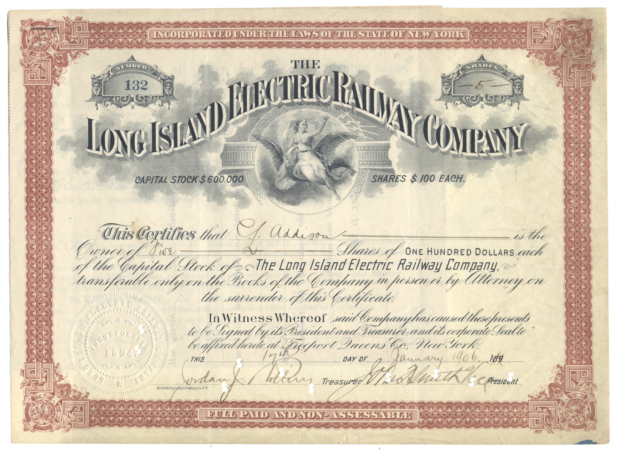 Vintage Long Island Electric Railway Company stock certificate from 1906
