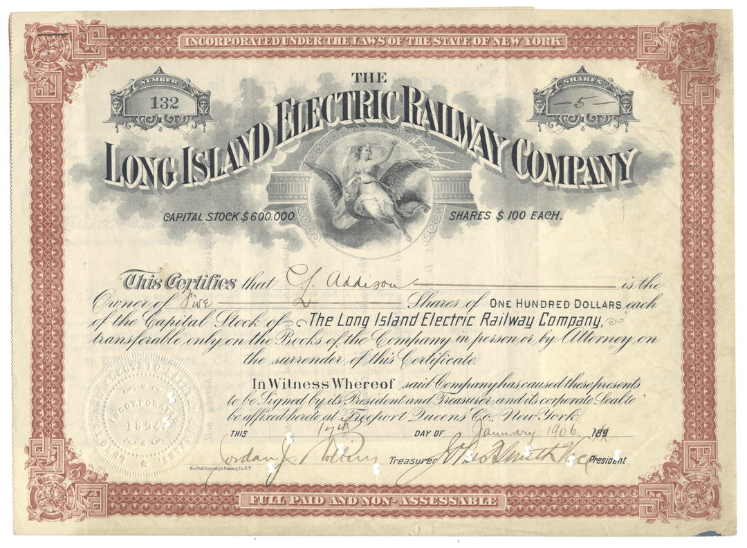 Vintage Long Island Electric Railway Company stock certificate from 1906