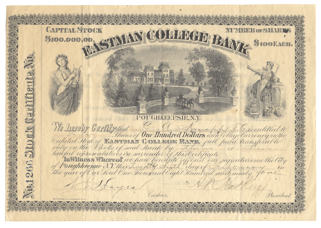 Vintage stock certificate for Eastman College Bank with decorative elements and text.
