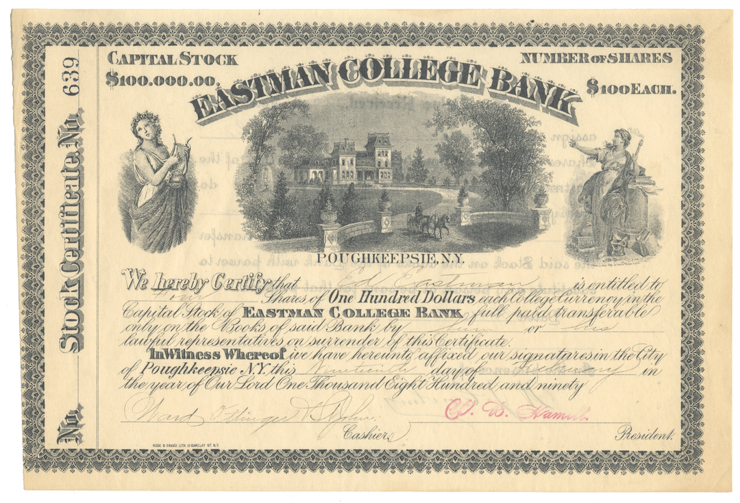 An antique Eastman College Bank stock certificate from 1890