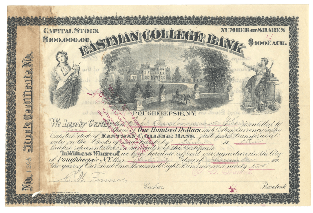 An antique bank stock certificate from Eastman College Bank, dated 1892