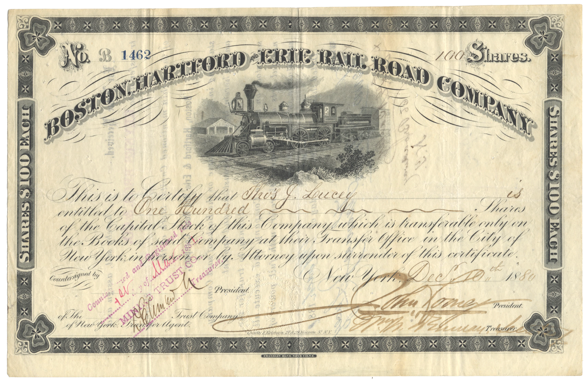 Boston, Hartford and Erie Rail Road Company Stock Certificate