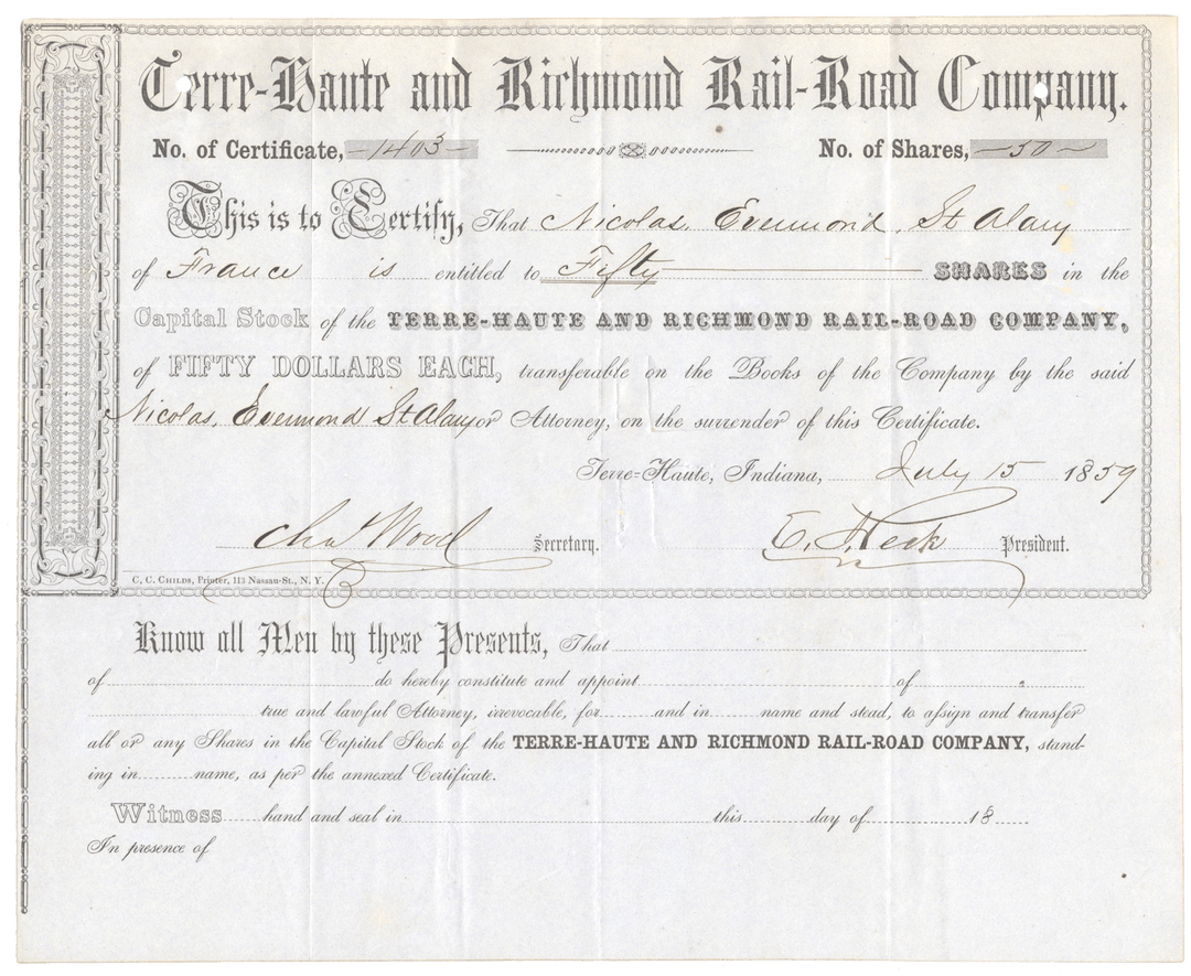 Terre-Haute and Richmond Rail-Road Company Stock Certificate from 1859