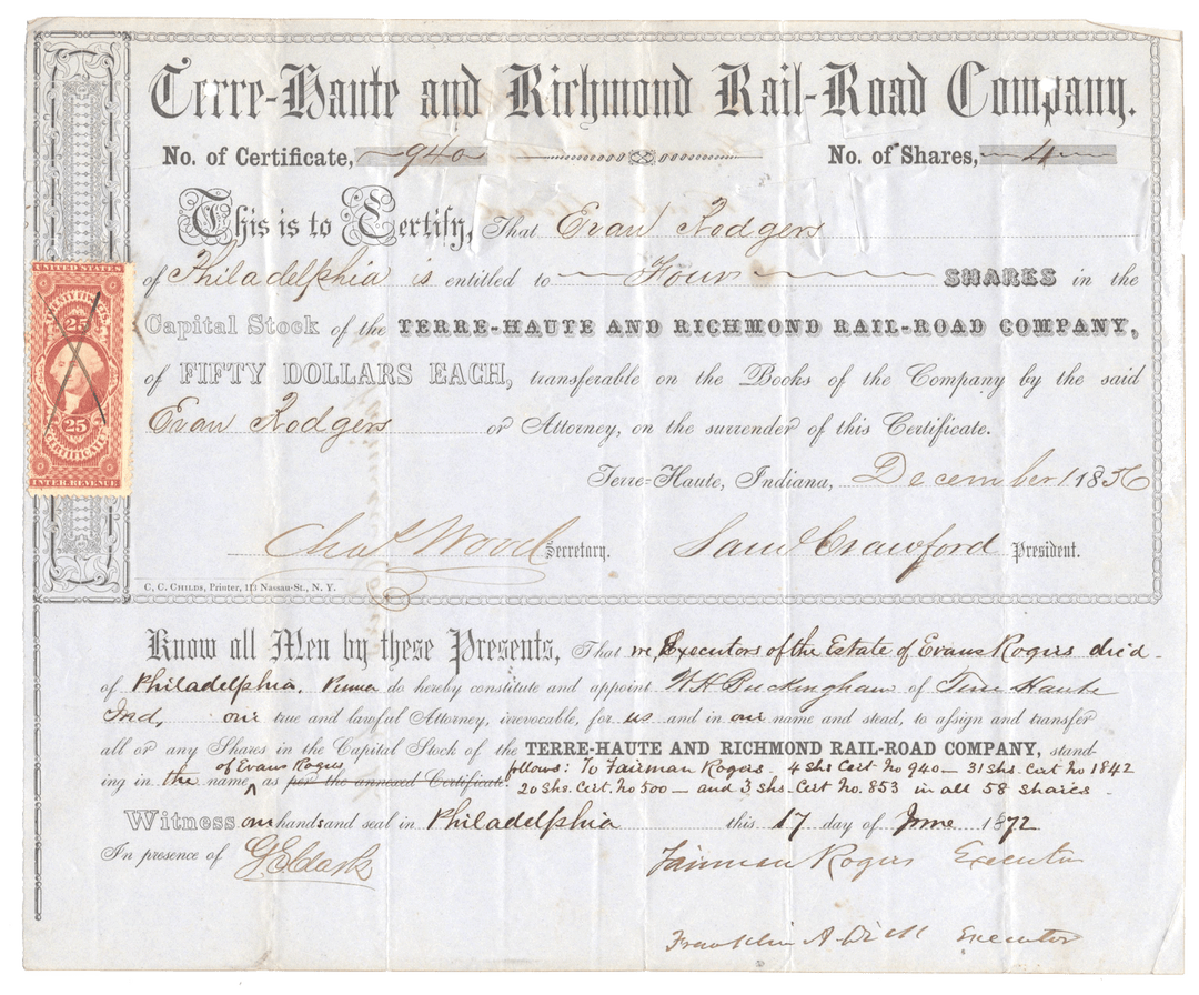 Terre-Haute and Richmond Rail-Road Company antique stock certificate from 1856