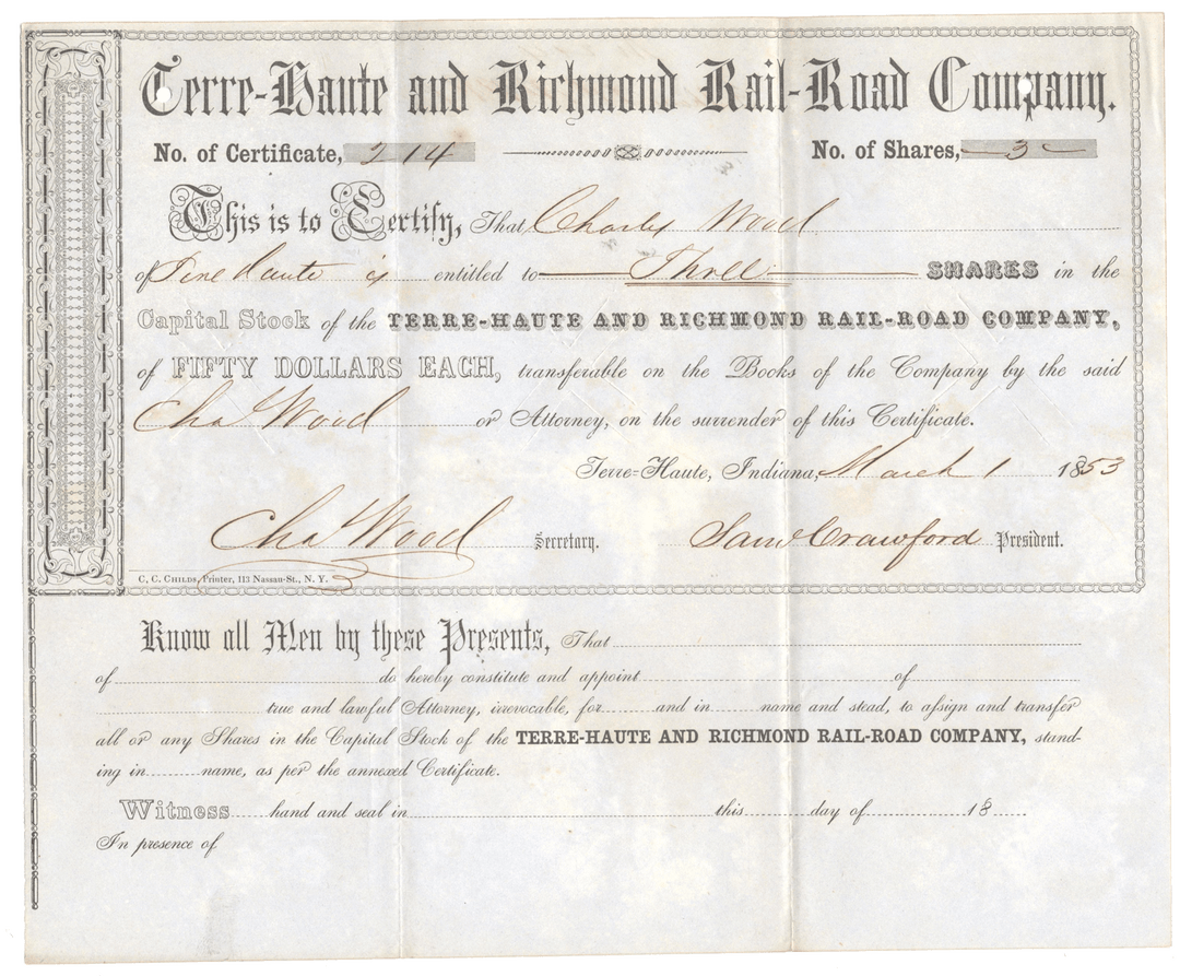 Historical stock certificate from Terre-Haute and Richmond Rail-Road Company from 1853