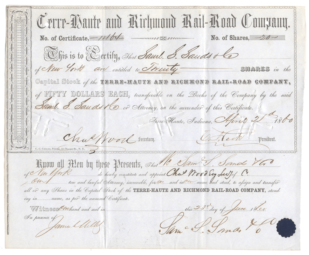 Stock certificate of the Terre-Haute and Richmond Rail-Road Company from 1860