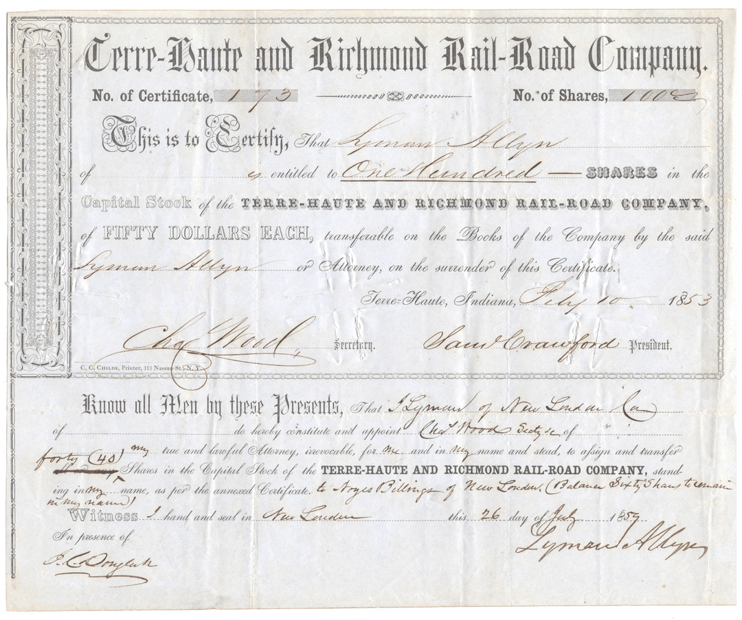 Share certificate from Terre-Haute and Richmond Rail-Road Company dated 1853