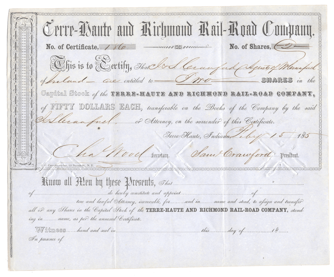 Stock certificate from the Terre Haute and Richmond Rail-Road Company from 1853