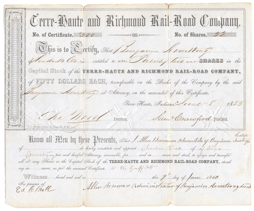 Terre-Haute and Richmond Rail-Road Company stock certificate from 1853