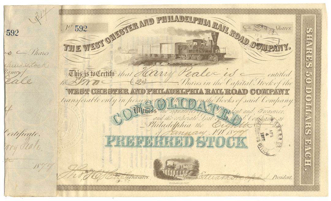 Vintage stock certificate from the West Chester and Philadelphia Rail Road Company