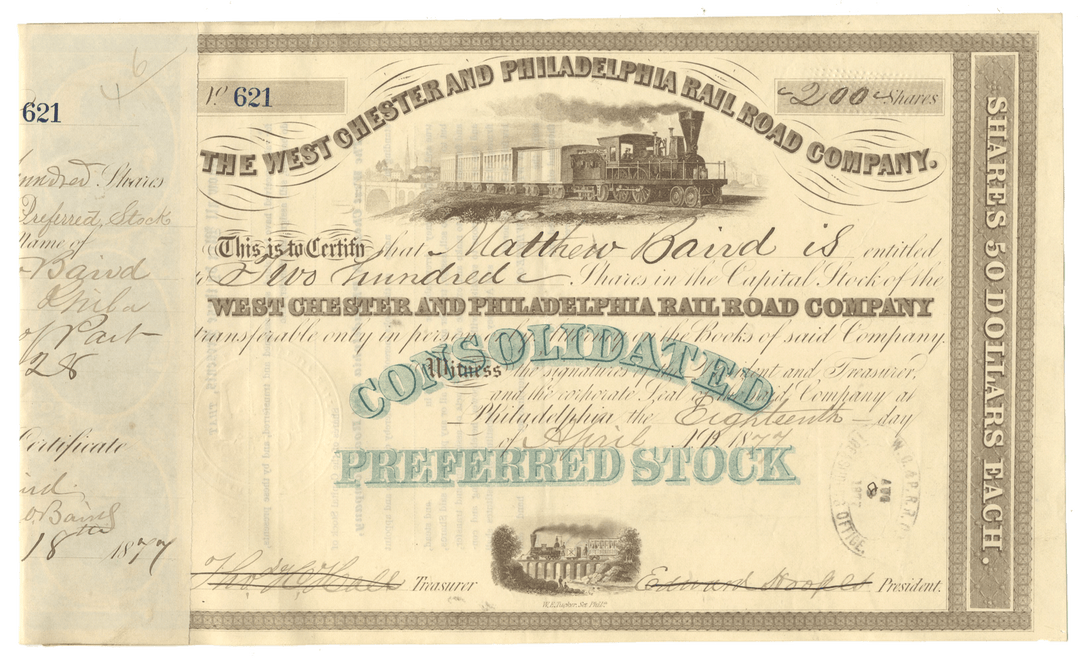Vintage stock certificate for The West Chester and Philadelphia Railroad Company with train illustration.