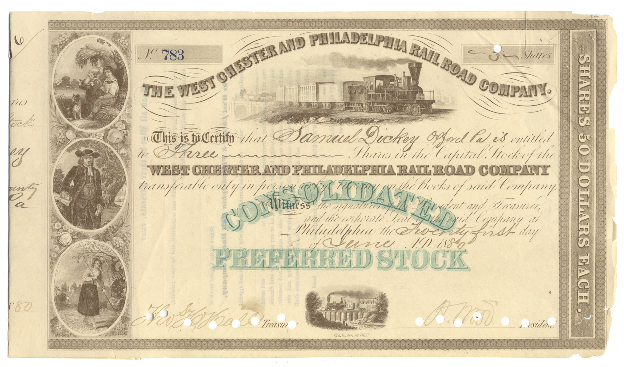 Share certificate from the West Chester and Philadelphia Rail Road Company with steam locomotive illustration.