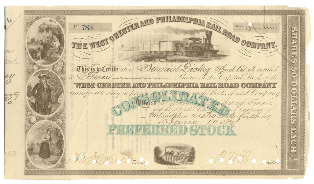 Share certificate from the West Chester and Philadelphia Rail Road Company with steam locomotive illustration.