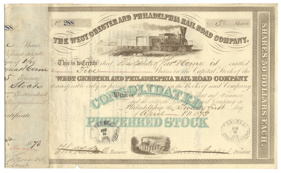 Vintage stock certificate from The West Chester and Philadelphia Railroad Company with a steam locomotive illustration.