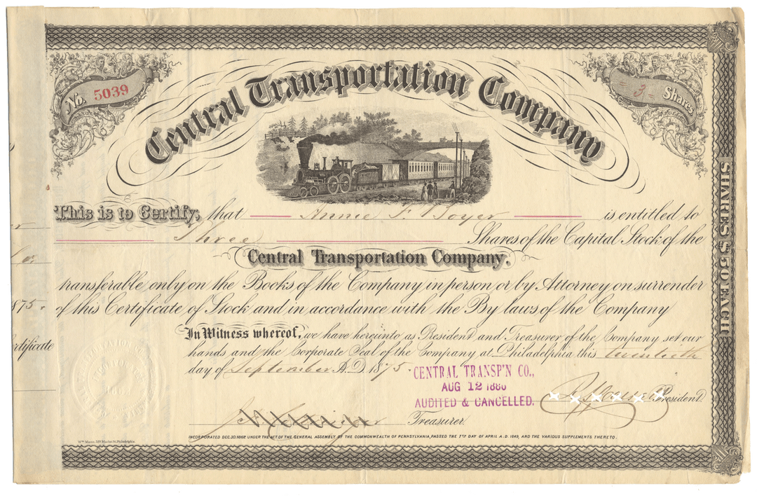 Stock certificate from the Central Transportation Company from 1875