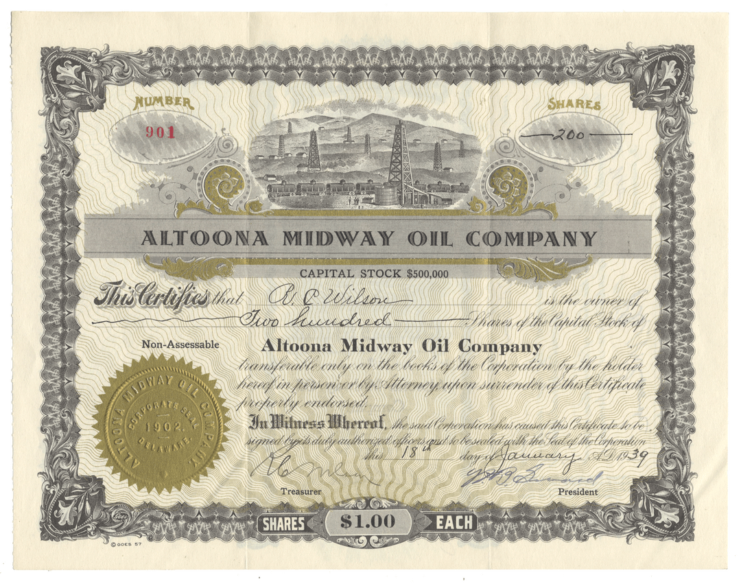 Altoona Midway Oil Company stock certificate from 1939