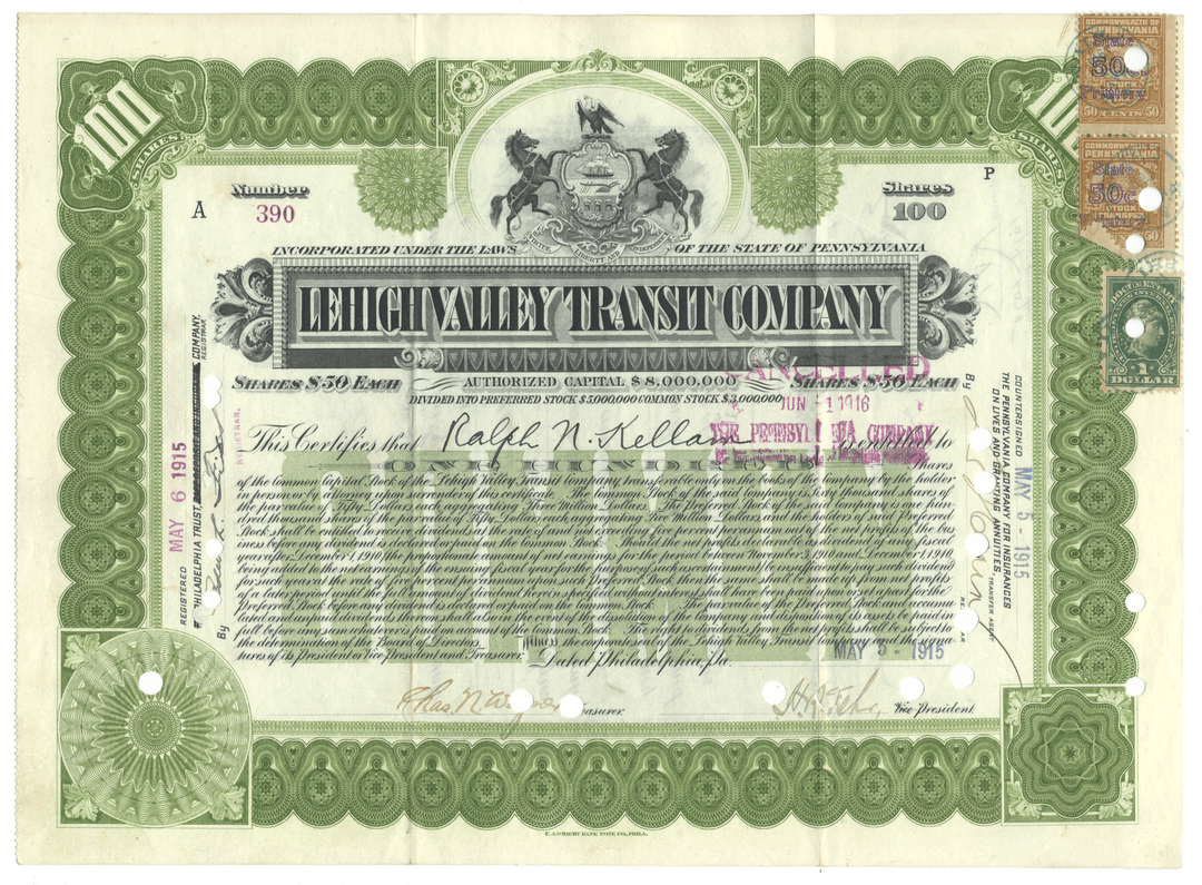 Lehigh Valley Transit Company stock certificate from 1915