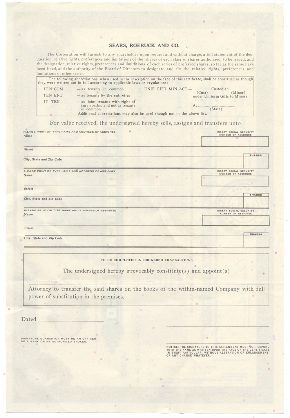 Sears, Roebuck and Co. Stock Certificate