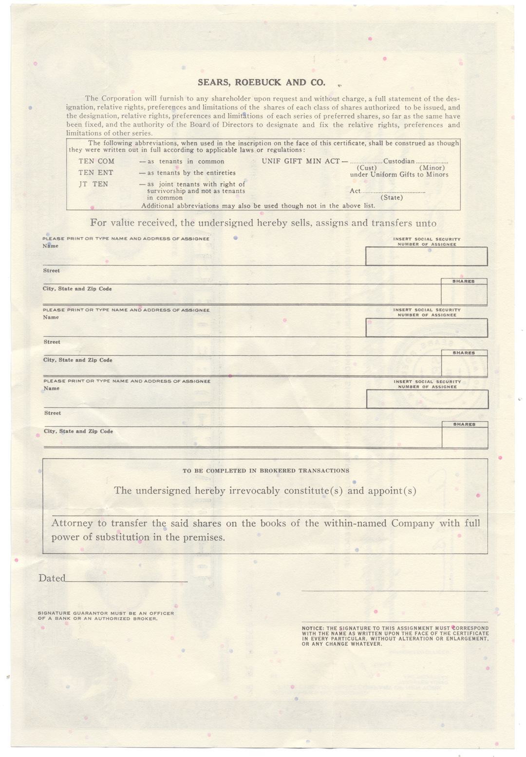 Sears, Roebuck and Co. Stock Certificate