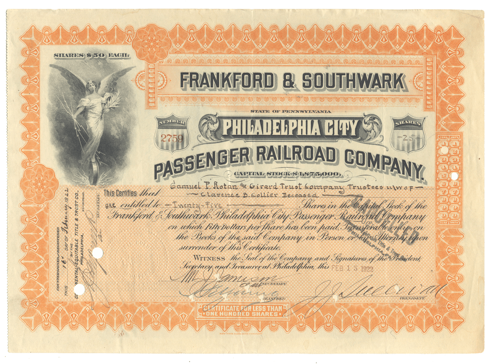 Vintage stock certificate for Frankford & Southwark Philadelphia City Passenger Railroad Company with decorative elements.