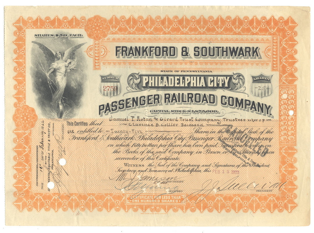 Vintage stock certificate for Frankford & Southwark Philadelphia City Passenger Railroad Company with decorative elements.