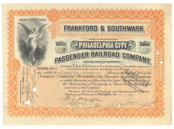 Vintage stock certificate for Frankford & Southwark Philadelphia City Passenger Railroad Company with decorative elements.