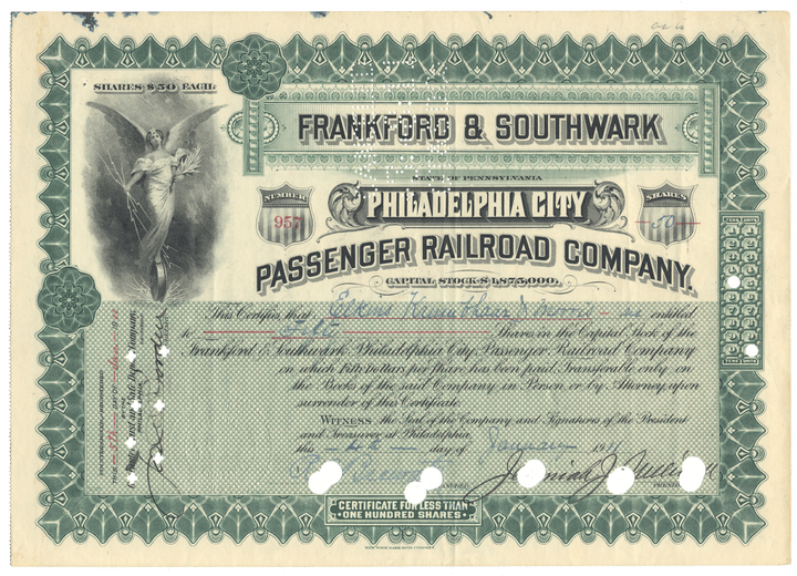 Vintage stock certificate for Frankford & Southwark Philadelphia City Passenger Railroad Company from 1911