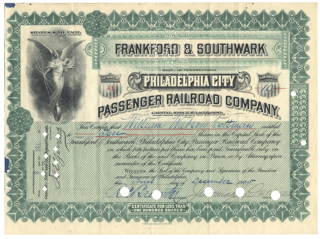 Historical stock certificate for Frankford & Southwark Philadelphia City Passenger Railroad Company from 1985