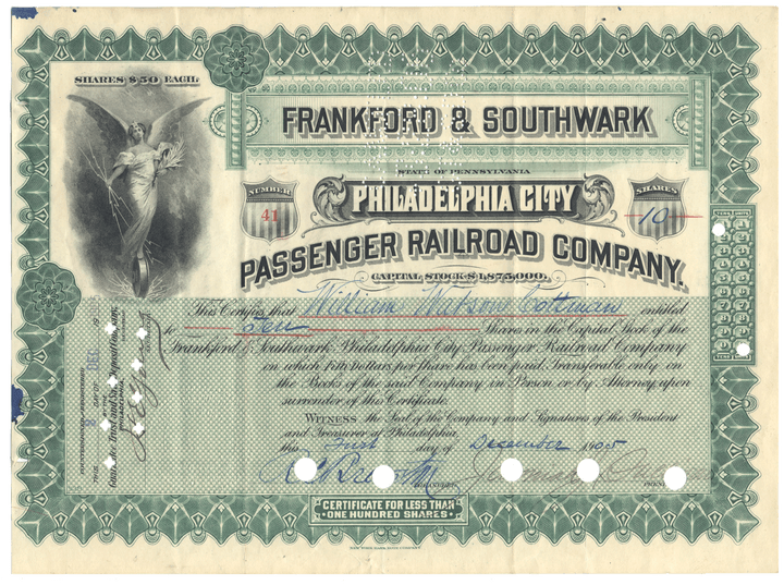 Historical stock certificate for Frankford & Southwark Philadelphia City Passenger Railroad Company from 1985