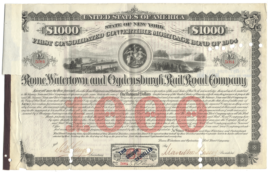Rome, Watertown and Ogdensburgh Rail Road Company bond certificate dated 1874