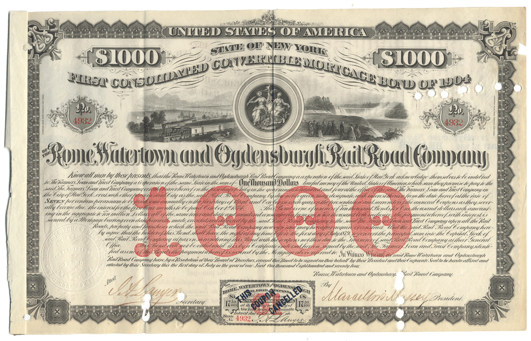 Vintage bond certificate from Rome Watertown and Ogdensburg Rail Road Company from 1874