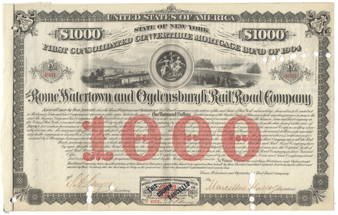 An antique 1874 bond certificate for the Rome, Watertown and Ogdensburg Railroad Company