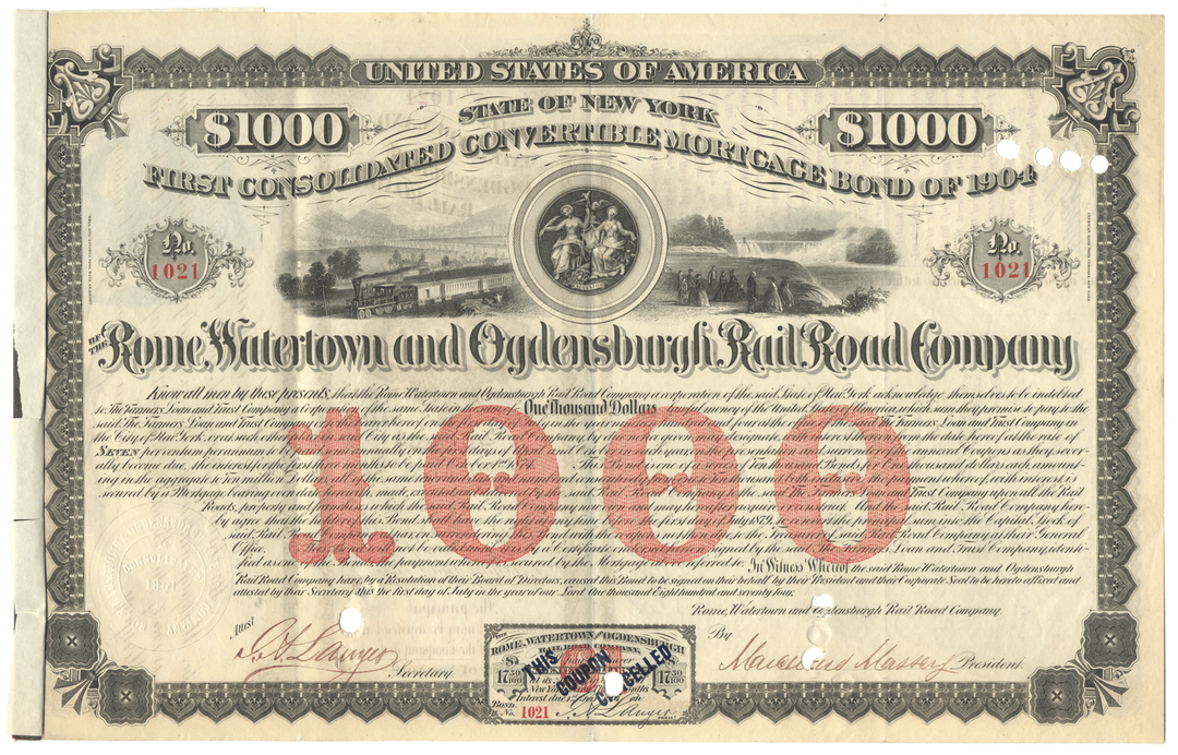 Vintage bond certificate from the Rome Watertown and Ogdensburg Railroad Company from 1874.