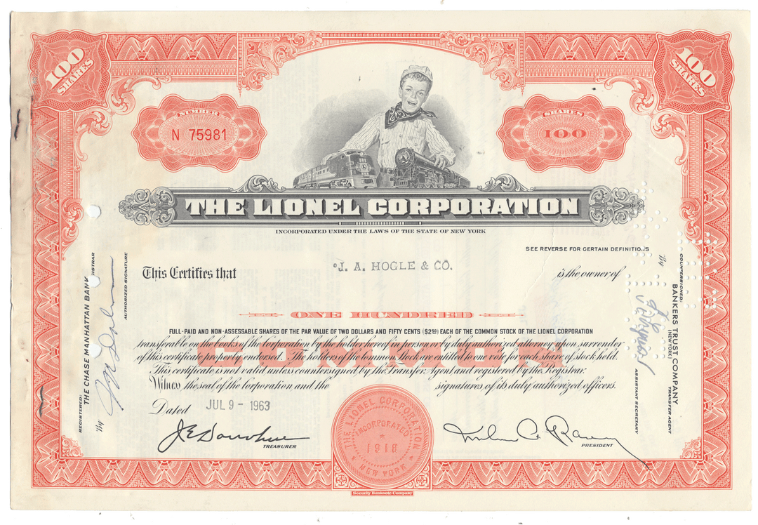 Vintage 1963 Lionel Corporation stock certificate