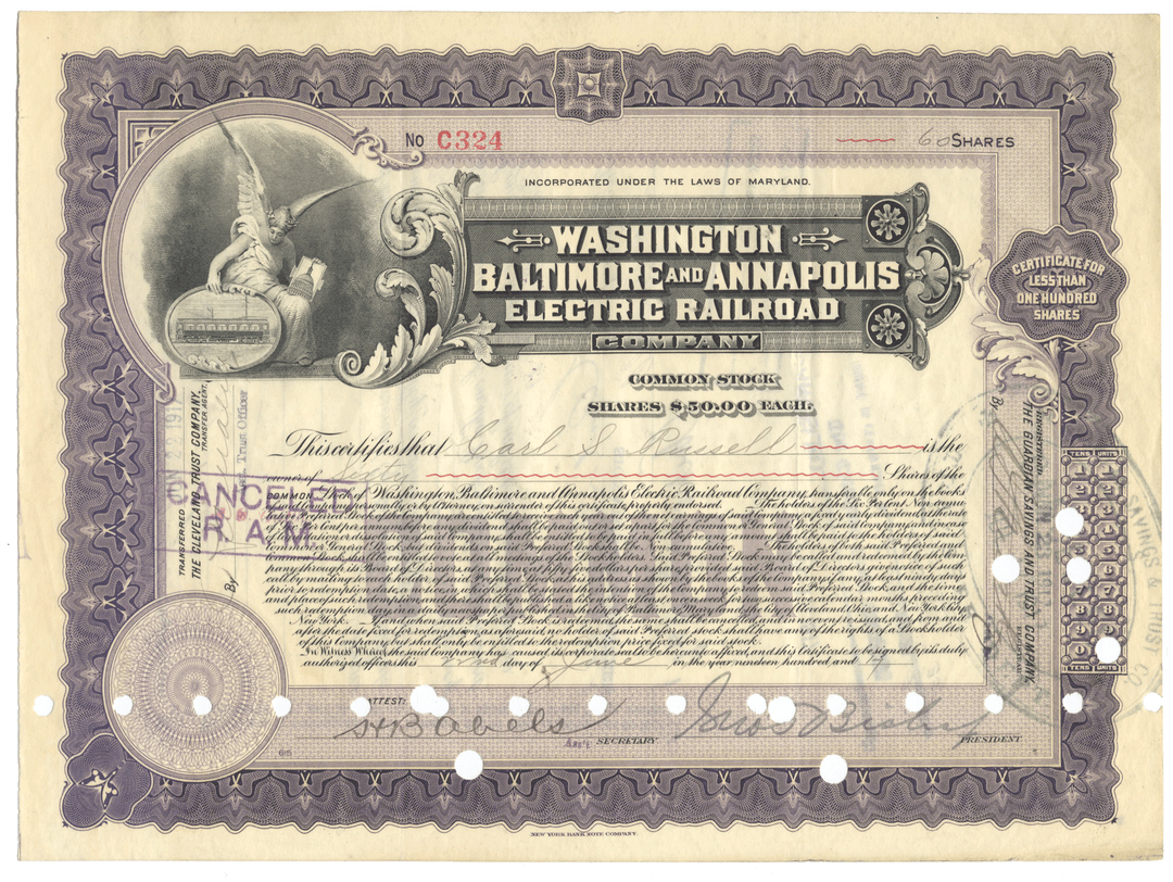 Washington, Baltimore and Annapolis Electric Railroad Company Stock Certificate Signed by George Bishop