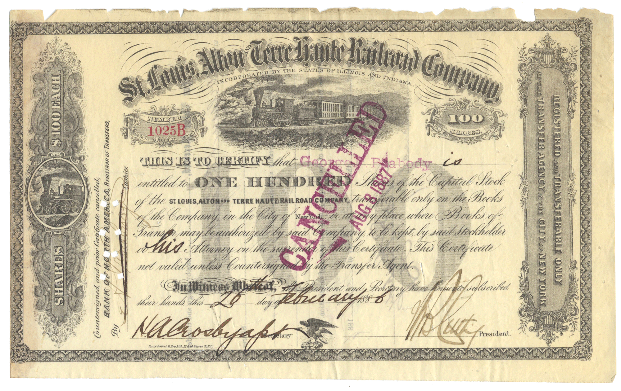 St. Louis, Alton and Terre Haute Railroad Company Stock Certificate Signed by George Peabody