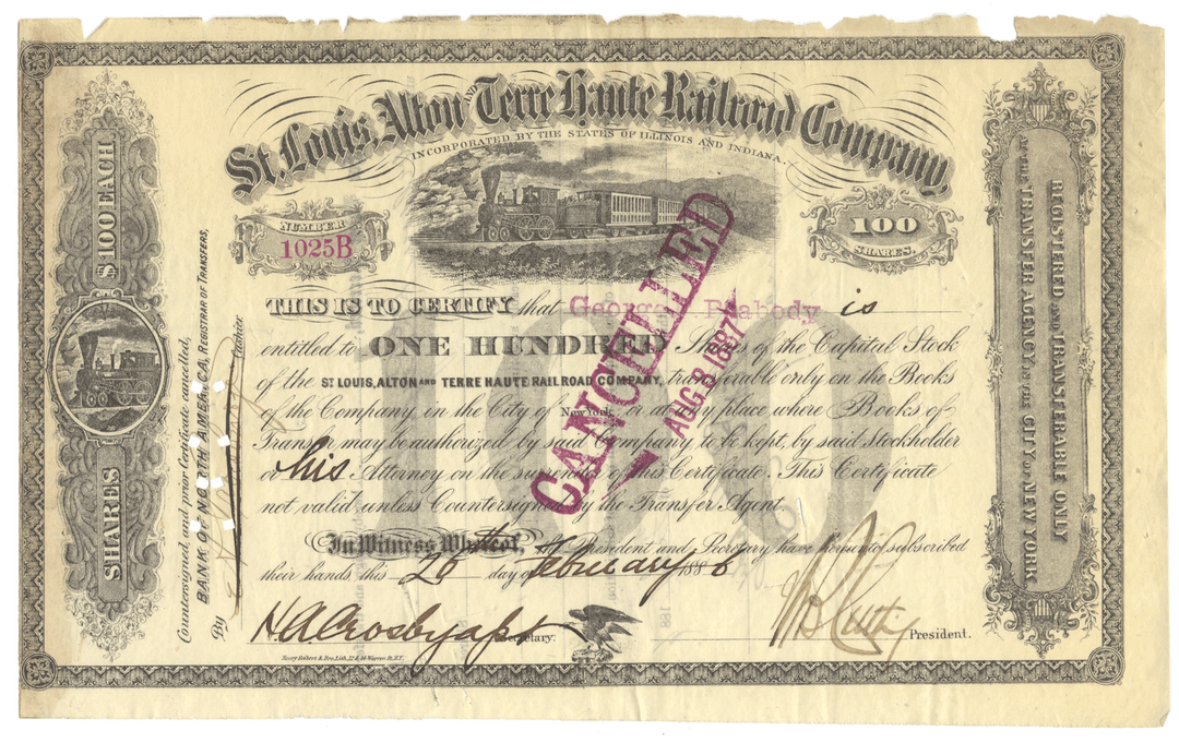St. Louis, Alton and Terre Haute Railroad Company Stock Certificate Signed by George Peabody