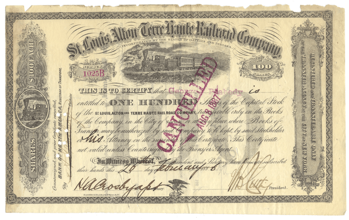 St. Louis, Alton and Terre Haute Railroad Company Stock Certificate Signed by George Peabody