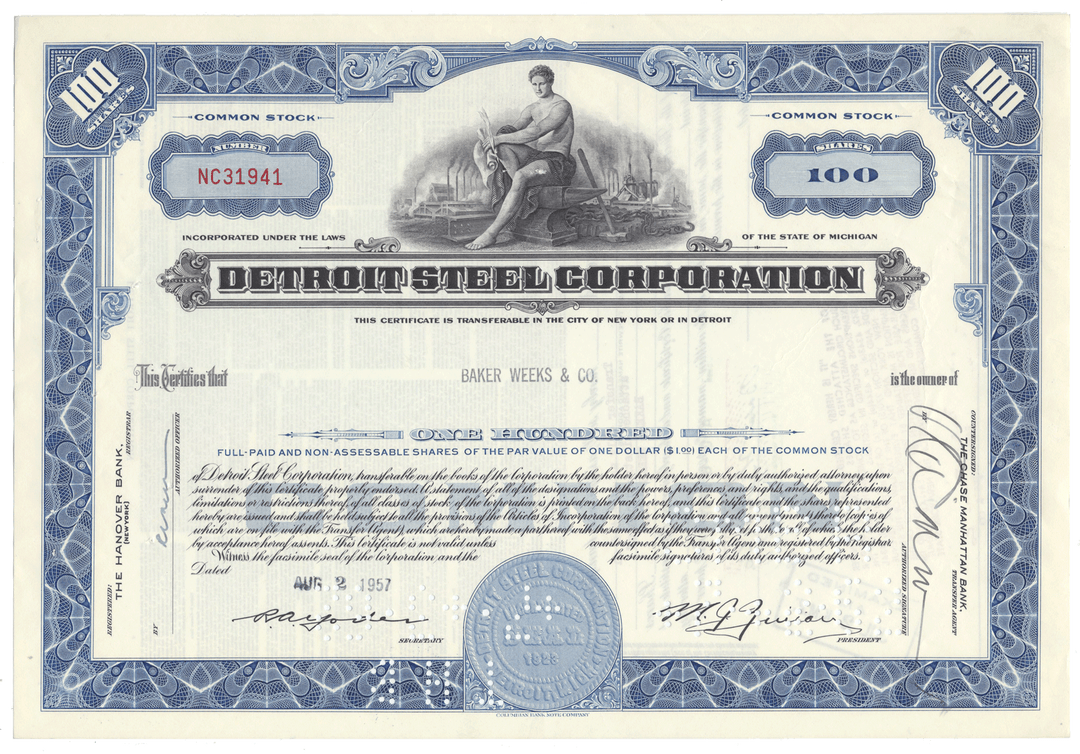 Detroit Steel Corporation Stock Certificate