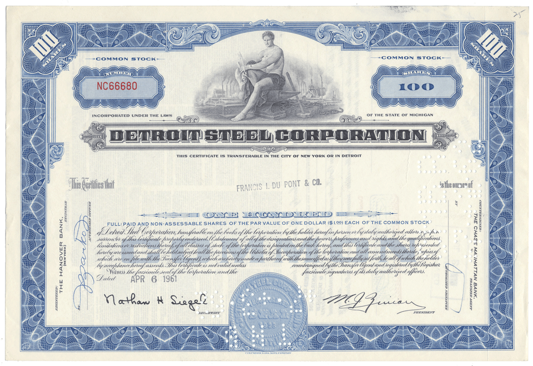Stock certificate of the Detroit Steel Corporation with decorative elements and text.