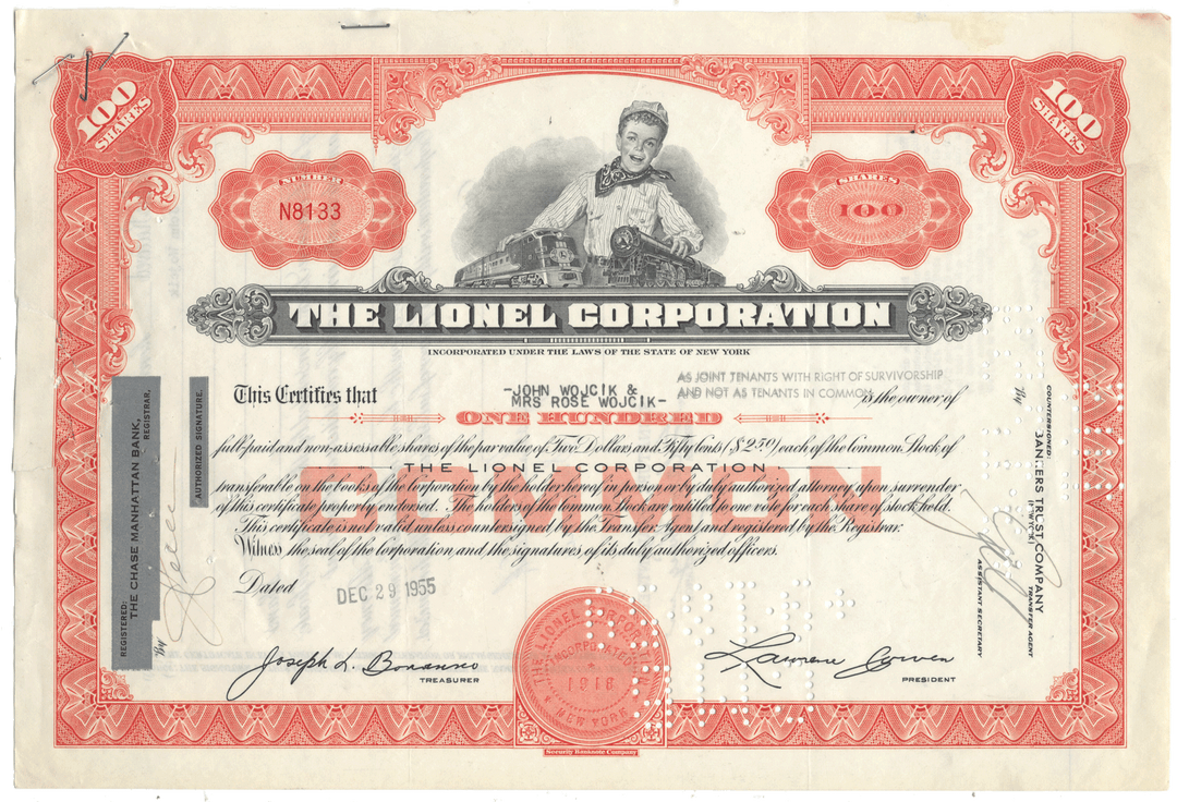 A vintage 1955 stock certificate for The Lionel Corporation