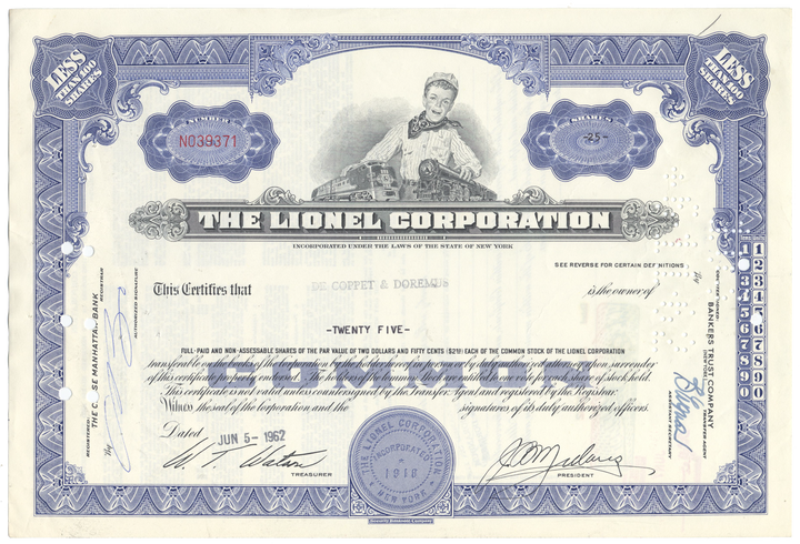 Lionel Corporation Stock Certificate