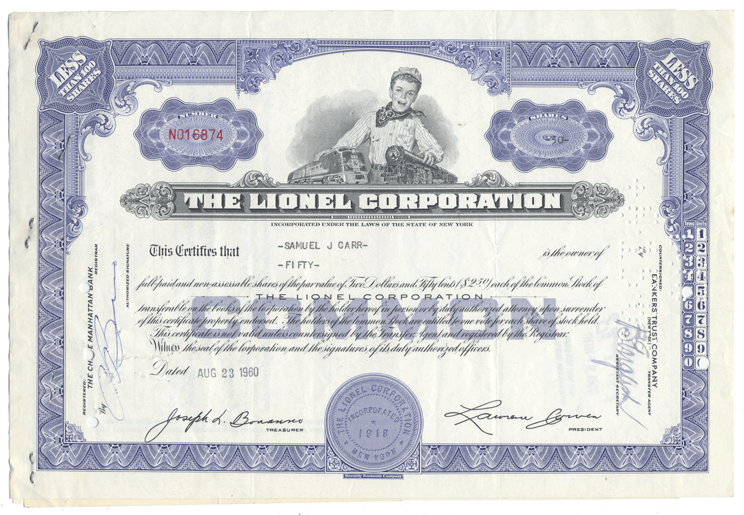 Lionel Corporation stock certificate from 1960