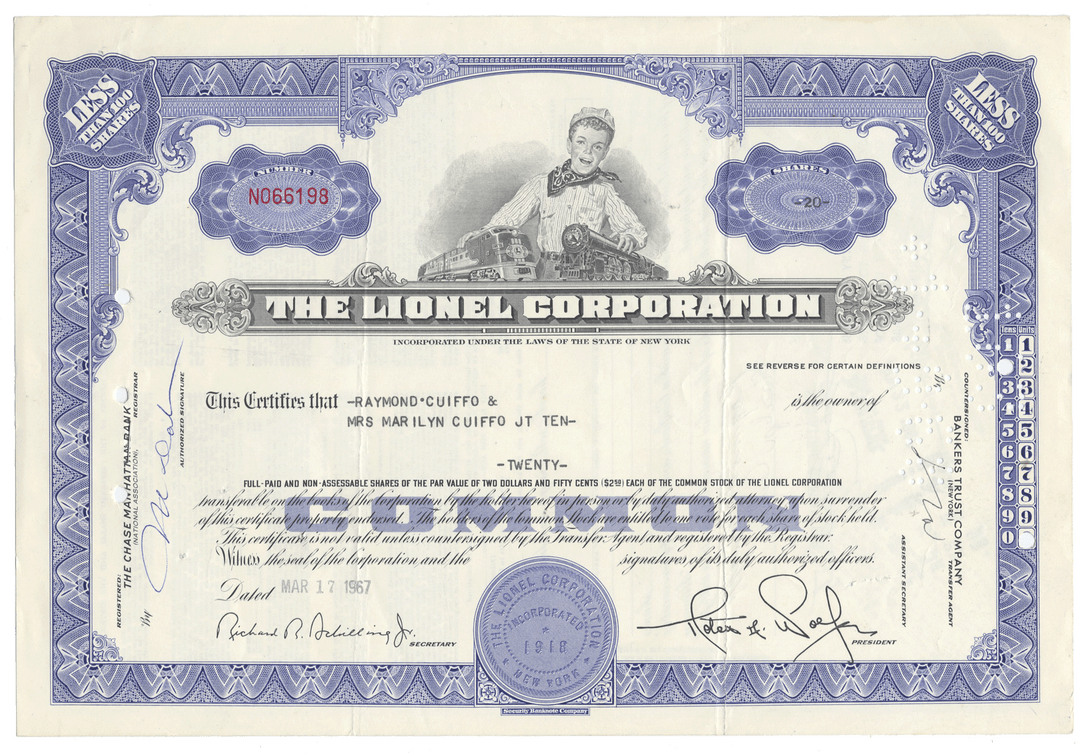 Lionel Corporation stock certificate