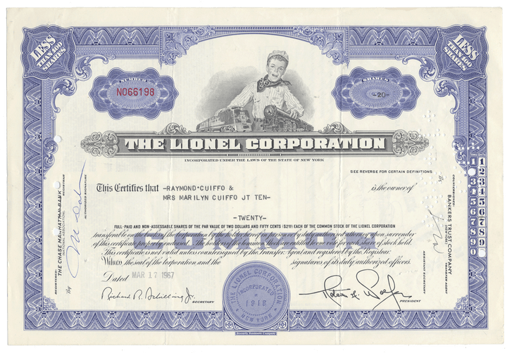 Lionel Corporation stock certificate